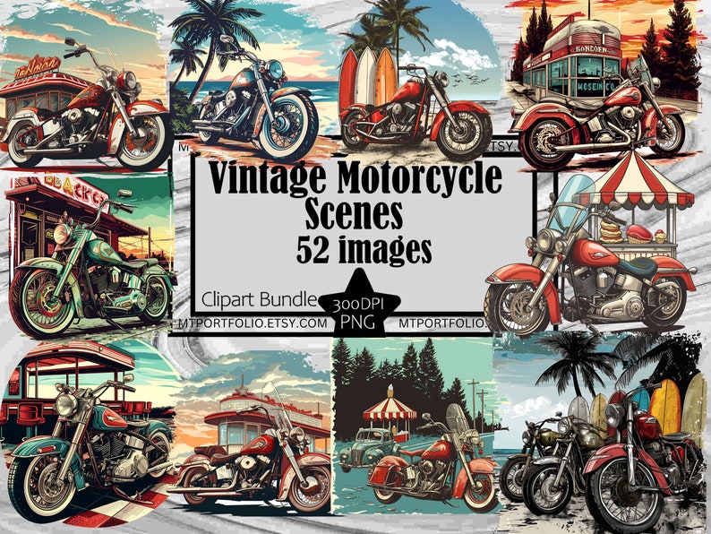 May include: A digital clipart bundle of 52 vintage motorcycle illustrations. The illustrations feature various motorcycle styles, including choppers, cruisers, and cafe racers. The motorcycles are depicted in a variety of settings, including beaches, city streets, and roadside diners. The illustrations are in a cartoon style and are perfect for use in digital projects.