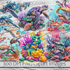 May include: Colorful digital clipart images of sea turtles swimming in a vibrant coral reef. The reef is filled with colorful coral, starfish, and fish. The turtles are in various poses, some swimming, some resting on the coral. The background is a light gray woodgrain.