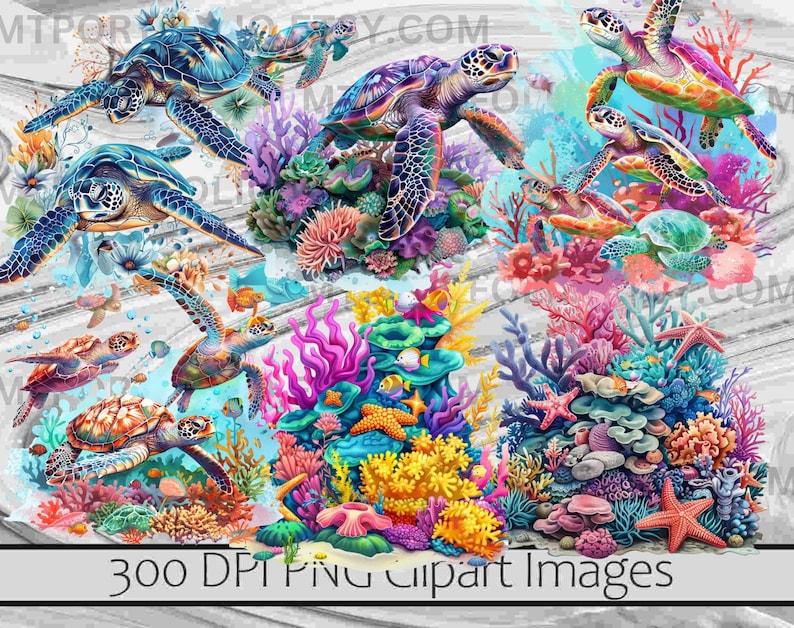 May include: Colorful digital clipart images of sea turtles swimming in a vibrant coral reef. The reef is filled with colorful coral, starfish, and fish. The turtles are in various poses, some swimming, some resting on the coral. The background is a light gray woodgrain.
