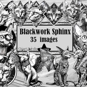 Sphinx Cat Clipart Blackwork Sphinx Clipart Bundle Mystic Cat PNG Black Magic Clipart Paper Crafts Junk Journal Cat Line Art Graphics