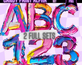 Rainbow Candy Paint Alphabet PNG Neon Brushstroke Individual Letters and Numbers Clipart Digital Alphabet Paint Splatter Letters Sublimation