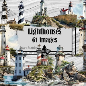 May include: A digital collage of 61 images of lighthouses, featuring various styles and colours. The images are arranged in a grid pattern, with a title card that reads "Lighthouses 61 images".