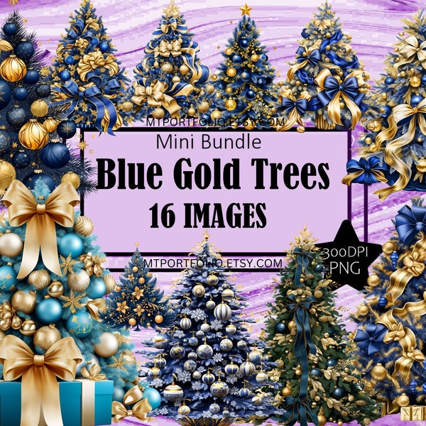 Blue Gold Glam Christmas Tree Winter Holiday PNG Art Clipart Graphics Sublimation Bundle Junk Journal Scrapbook File Transparent Download