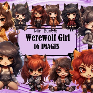Garota Lobisomem Metamorfo Fursona Chibi Kawaii Arte Clipart Gráficos Sublimação Pacote Diário de Lixo Scrapbook PNG Transparente Download