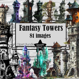 Fantasy Castle Tower Clipart Wizard Tower PNG Bundle Graphics Transparent Commercial Digital Download Sublimation Journal Crystal Castle PNG