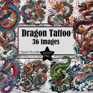 Tatouage de dragon Clipart tatouage japonais dragon PNG Bundle de cliparts Tattoo Flash style PNG Clipart japonais artisanat en papier Junk Journal Dragon PNG
