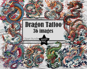 Dragon Tattoo Clipart Japanese Tattoo Dragon PNG Clipart Bundle Tattoo Flash Style PNG Japanese Clipart Paper Craft Junk Journal Dragon PNG