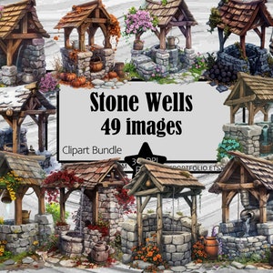 Stone Wells Clipart Water Well PNG Town Wishing Well Graphic Image Transparent Commercial License Digital Download Sublimation Junk Journal
