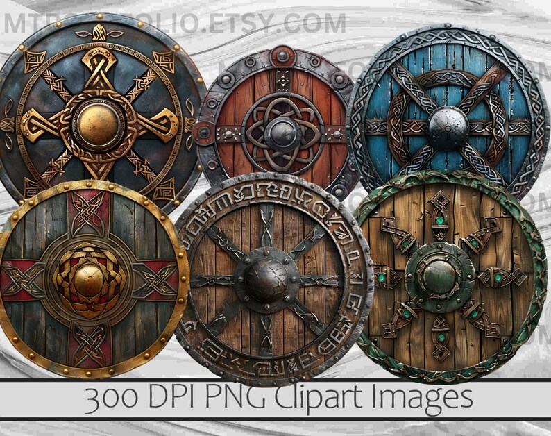 May include: Six different round shields with various designs. The shields are made of wood and metal and have a variety of colors, including brown, blue, gold, and green. The shields are decorated with intricate patterns and symbols.