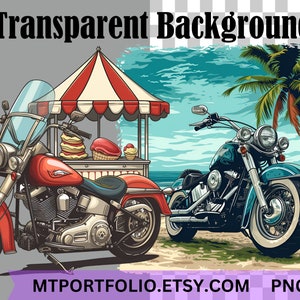 May include: Two vintage-style motorcycles parked in front of a beach scene with a palm tree and a striped tent. The motorcycles are both blue and red with chrome accents. The motorcycles are in front of a beach scene with a palm tree and a striped tent. The text "MTPORTFOLIO.ETSY.COM PNG" is at the bottom of the image.