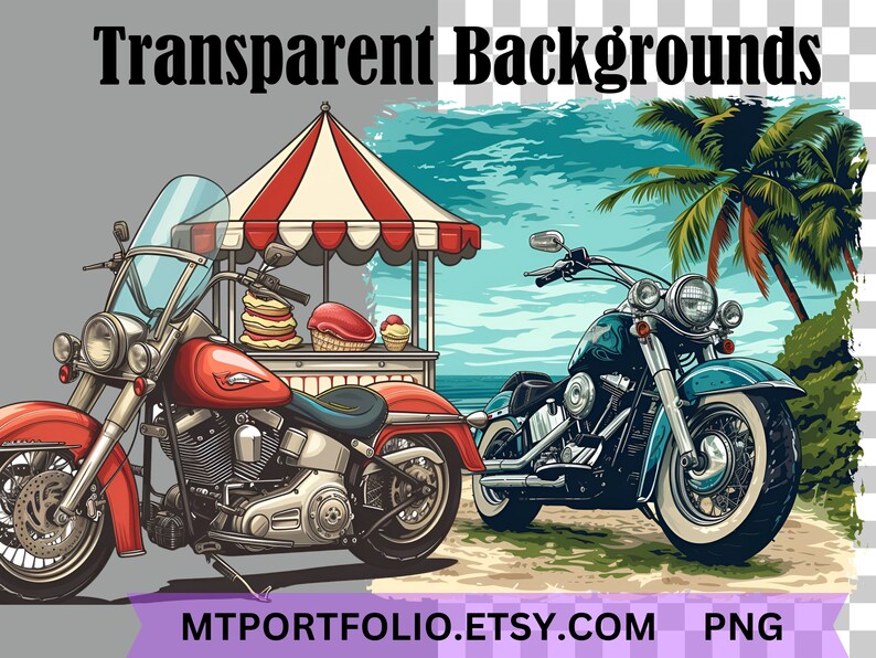 May include: Two vintage-style motorcycles parked in front of a beach scene with a palm tree and a striped tent. The motorcycles are both blue and red with chrome accents. The motorcycles are in front of a beach scene with a palm tree and a striped tent. The text "MTPORTFOLIO.ETSY.COM PNG" is at the bottom of the image.