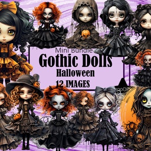 Bonecas de terror fofas de Halloween góticas, arte assustadora de Kawaii, pacote de sublimação, diário de lixo, álbum de recortes, arquivo PNG transparente para download