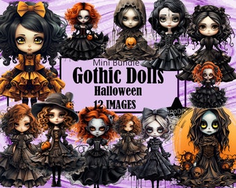 Gothic Halloween Cute Horror Dolls Spooky Kawaii Art Sublimation Bundle Junk Journal Scrapbook PNG File Transparent Download