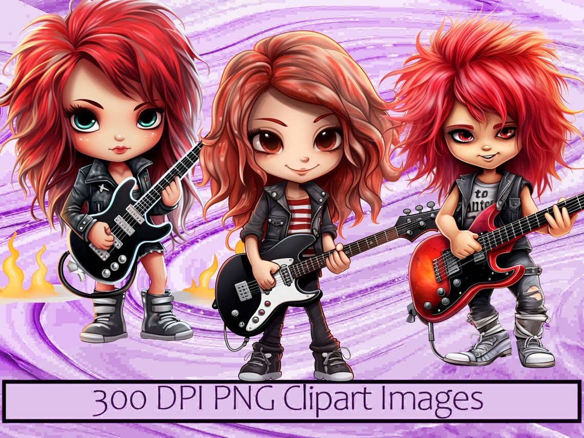 Red Hair Rocker Girl Guitar Chibi Kawaii Art Clipart Graphics ...