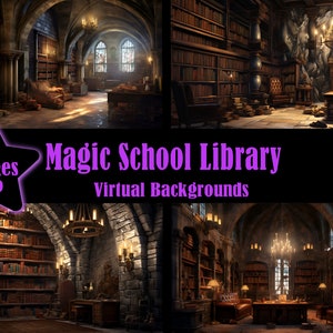 Puede incluir: Cuatro imágenes de una biblioteca oscura con paredes de piedra y estanterías llenas de libros. La biblioteca tiene una gran lámpara de araña, una mesa de madera y sillas. Las imágenes están etiquetadas como "Biblioteca de la escuela de magia Fondos virtuales".