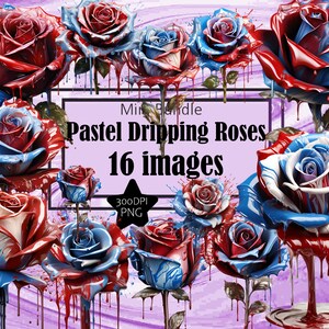 American Flag Red White Blue Roses Dripping Paint Artist Flowers Art Sublimation Bundle Junk Journal Scrapbook PNG File Transparent Download