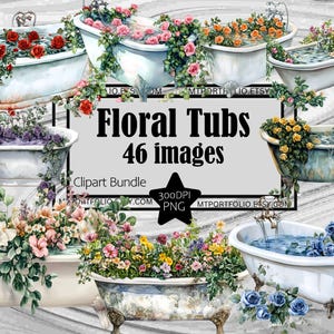 Baignoire florale Clipart PNG vintage baignoire sur pieds Clip Art Scrapbooking rustique graphique Transparent Commercial Digital Download Junk Journal