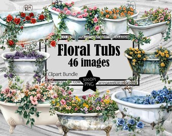Floral Bathtub Clipart PNG Vintage Claw Foot Tub Clip Art Rustic Scrapbook Graphic Transparent Commercial Digital Download Junk Journal