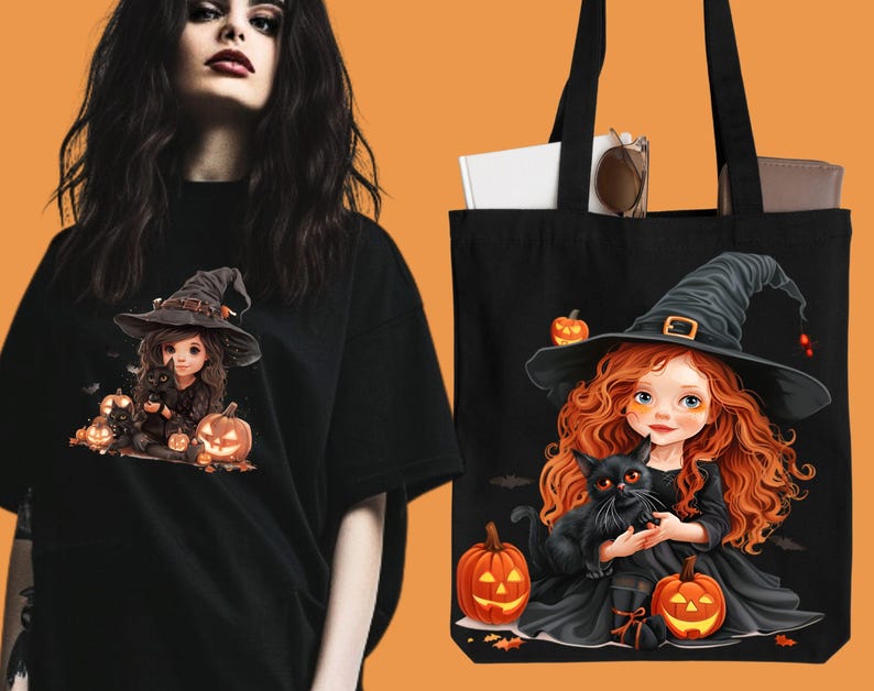May include: Black tote bag with a Halloween design featuring a witch with red hair holding a black cat. The witch is wearing a black hat and dress with orange pumpkins around her.