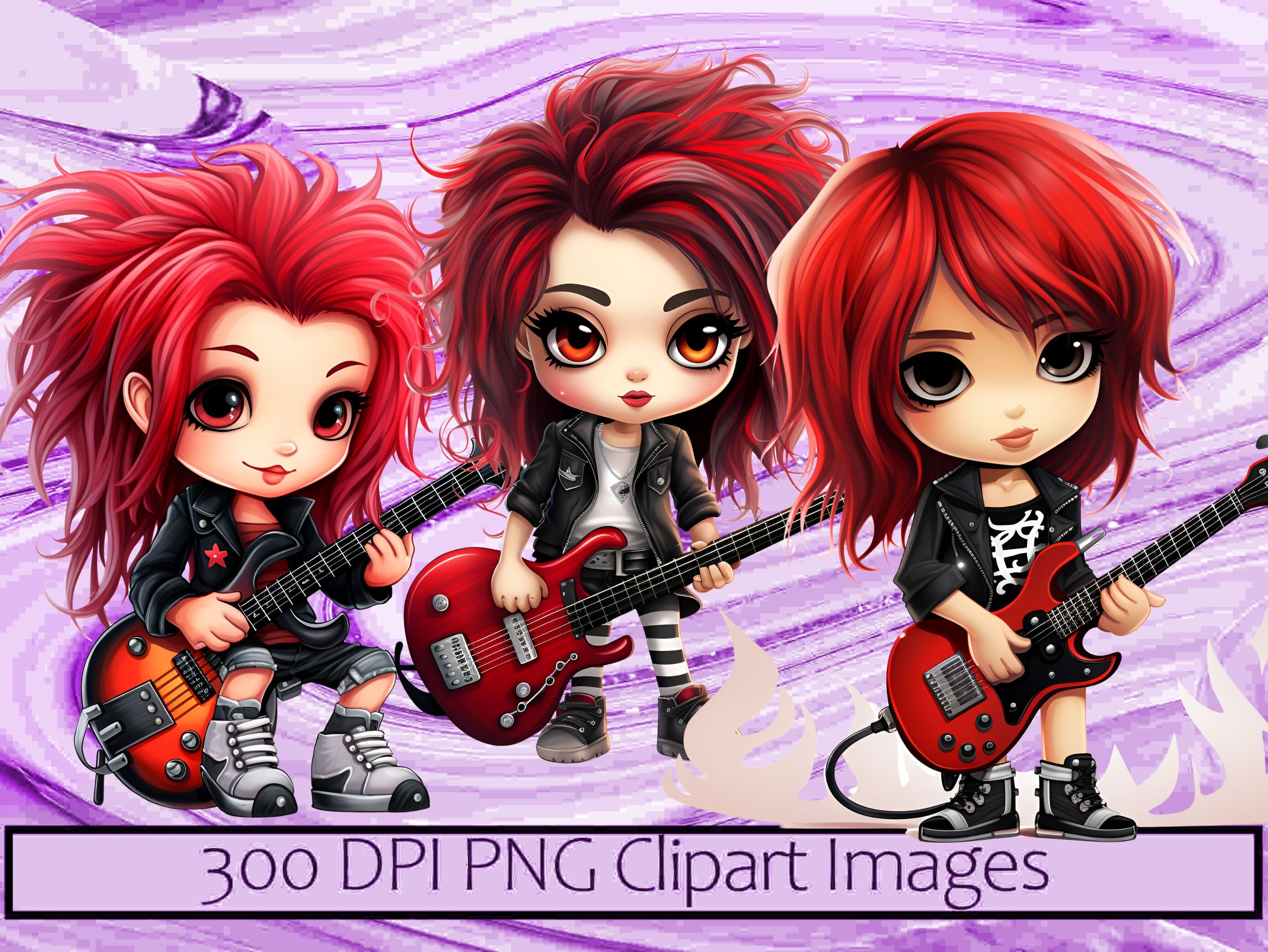 Red Hair Rocker Girl Guitar Chibi Kawaii Art Clipart Graphics ...
