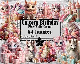 Puede incluir: Un paquete de clipart digital de 64 imágenes con unicornios, castillos, pasteles, flores y regalos en colores rosa, blanco y crema. El texto "Unicorn Birthday Pink-White-Cream 64 images Clipart Bundle" se muestra en un fondo de madera.