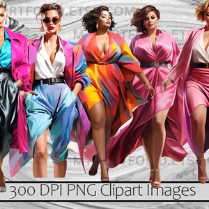 May include: Five women in different colorful outfits and poses. They are all wearing coats, dresses, and pants. The background is a blurred gray and white swirl.