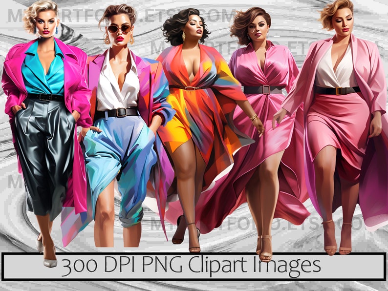 May include: Five women in different colorful outfits and poses. They are all wearing coats, dresses, and pants. The background is a blurred gray and white swirl.