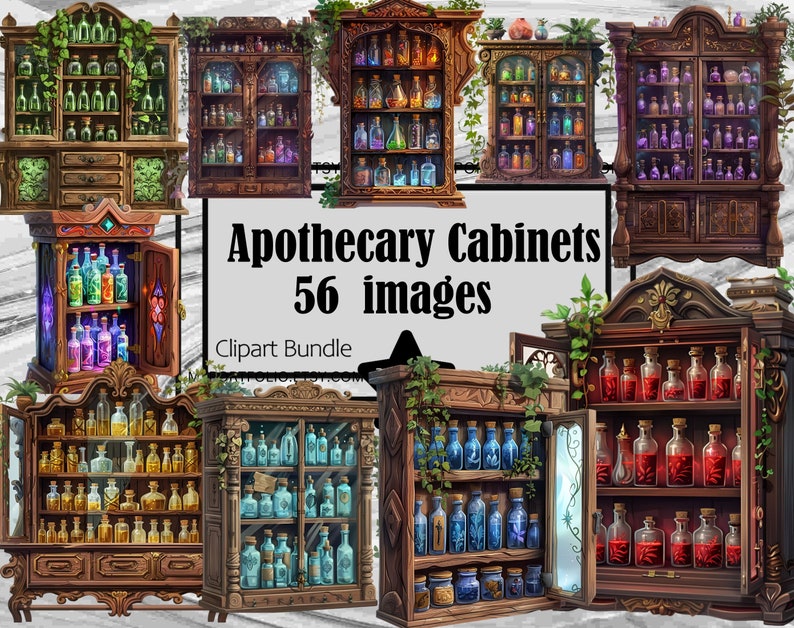 May include: A collection of 56 images of apothecary cabinets filled with various colored glass bottles. The cabinets are made of dark wood with intricate carvings and details. The bottles are filled with colorful liquids and have labels with handwritten text.