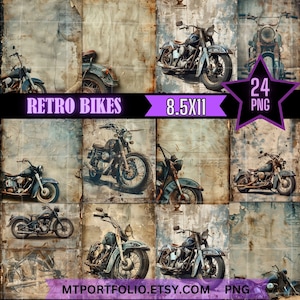 Vintage Motorcycle Journal Digital Retro Motorcycle Paper Print 24 Pack Carta per Wall Art Classic Bike Junk Journal Stampa ScrapBook
