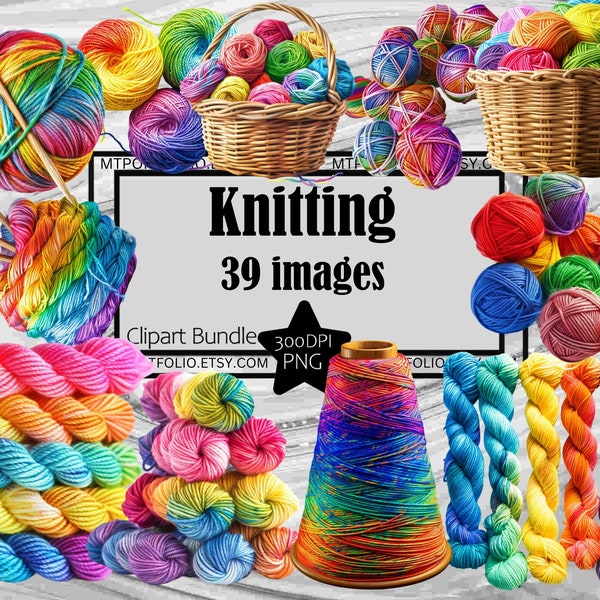 Knitting Clipart Rainbow Yarn Ball PNG Bundle PNG Graphic Transparent Commercial Digital Sublimation Junk Journal Knitting Needle Clipart