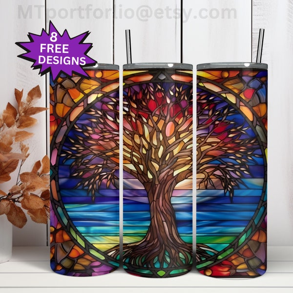 Tree of Life Stained Glass  Celtic Rainbow  20oz Skinny Tumbler Sublimation Design Digital Wrap Waterslide Download PNG 300DPI