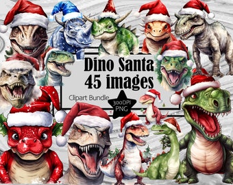 May include: A digital clipart bundle of 45 images featuring dinosaurs wearing Santa hats. The dinosaurs are in various poses and expressions, with some holding holly and others wearing red and green Christmas colors. The text "Dino Santa 45 images" is displayed in the center of the image.