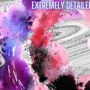 May include: Abstract watercolor painting with pink, purple, and blue splotches on a gray and white marbled background. The text "EXTREMELY DETAILED" is at the top of the image.