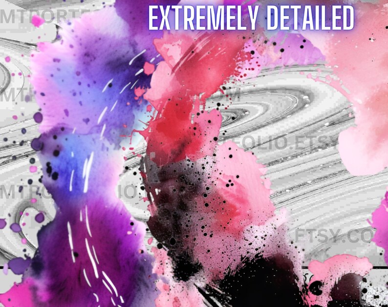 May include: Abstract watercolor painting with pink, purple, and blue splotches on a gray and white marbled background. The text "EXTREMELY DETAILED" is at the top of the image.