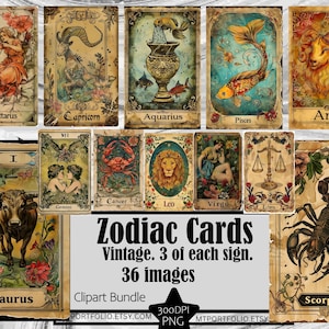 Cartes de signe du zodiaque vintage 36 PNG art du zodiaque png usage commercial, lot de cartes du zodiaque zodiaque numérique Téléchargement numérique cartes de tarot du zodiaque