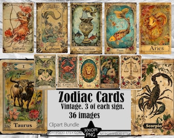 Vintage Zodiac Sign Cards 36 PNG Zodiac png art Commercial Use, Zodiac Card Bundle Digital Zodiac Digital Download Zodiac Tarot Cards