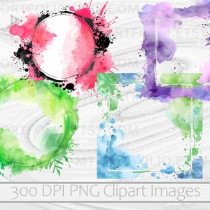 May include: Four watercolor frames in different colors: pink, green, purple, and blue. Each frame has a white outline and is surrounded by watercolor splatters.