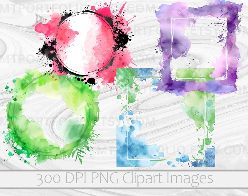 May include: Four watercolor frames in different colors: pink, green, purple, and blue. Each frame has a white outline and is surrounded by watercolor splatters.