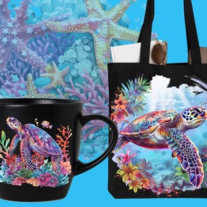 May include: A black ceramic mug with a colorful sea turtle design. The turtle is swimming in a coral reef with colorful flowers and plants. The mug is a great gift for ocean lovers.