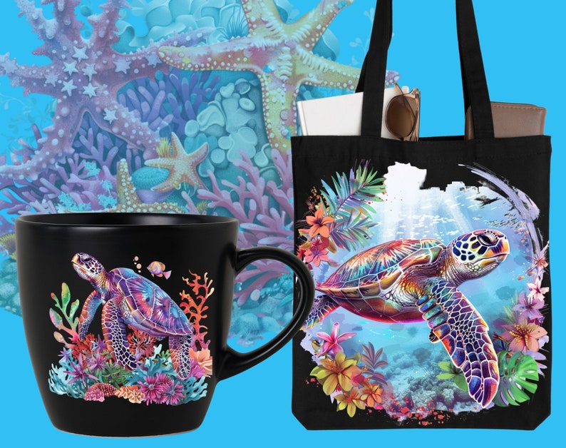 May include: A black ceramic mug with a colorful sea turtle design. The turtle is swimming in a coral reef with colorful flowers and plants. The mug is a great gift for ocean lovers.