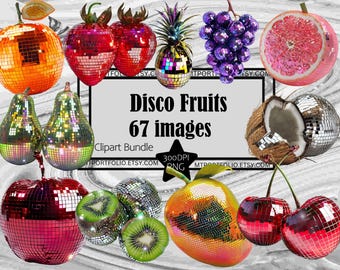 Disco Fruit Clipart Cherry Mirror ball PNG Dancing Animals Bundle PNG Disco Transparent Commercial Use Digital Download Sublimation