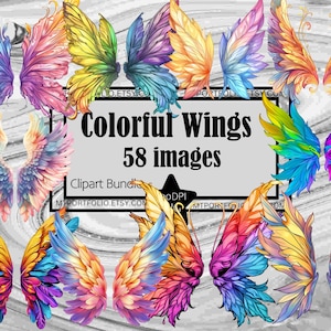 Rainbow Fairy Wings Clipart Fantasy Watercolor Wings PNG Bundle Angel Wings Graphics Transparent Commercial Digital Download Sublimation