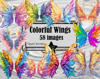 Rainbow Fairy Wings Clipart Fantasy Watercolor Wings PNG Bundle Angel Wings Graphics Transparent Commercial Digital Download Sublimation