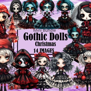 Gothic Christmas Dolls Spooky Kawaii Art Sublimation Bundle Junk Journal Scrapbook PNG File Transparent Download