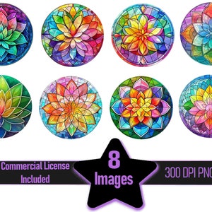Gebrandschilderd glas regenboog lotusbloemen kleurrijke venster achtbaan ronde clipart-afbeeldingen bundel ~ commerciële licentie incl. ~ digitale DL ~ sublimatie