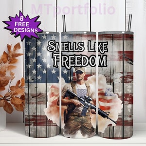 American Flag Smells Like Freedom Patriotic Hero Proud USA Patriot 20oz Skinny Tumbler Sublimation Design Wrap Waterslide Download PNG