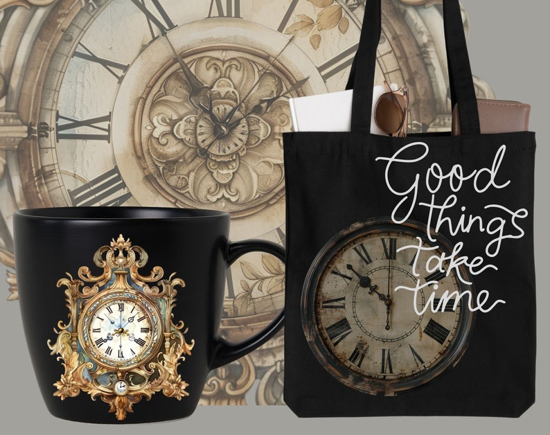Puede incluir: Una bolsa de tela negra con el texto "Good things take time" en escritura blanca. La bolsa presenta una esfera de reloj vintage con n&uacute;meros romanos. Tambi&eacute;n se muestra una taza negra con un dise&ntilde;o de esfera de reloj dorada.