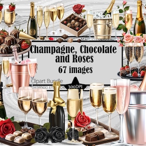 Imágenes prediseñadas de champán, rosas y chocolate PNG, descarga digital, paquete de imágenes prediseñadas de San Valentín PNG, paquete de imágenes prediseñadas de romance, champán rosa PNG