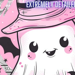 May include: A pink and white ghost wearing a pink witch hat with a black brim and bat wings. The ghost has large black eyes and a pink blush on its cheeks.
