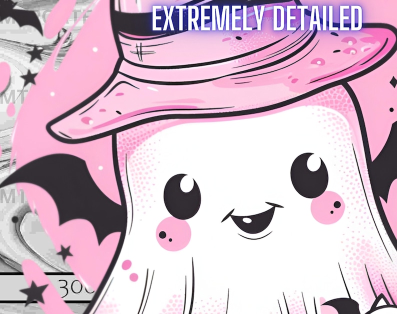 May include: A pink and white ghost wearing a pink witch hat with a black brim and bat wings. The ghost has large black eyes and a pink blush on its cheeks.